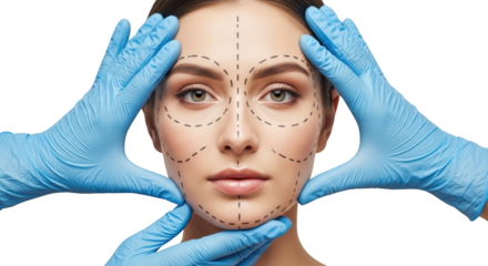 Close up of a young woman's face with dotted lines indicating surgical procedures held by gloved hands transparent background
