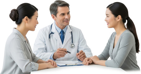 Fototapeta premium Doctor consulting with two female patients at a table discussing medical information isolate Consultation