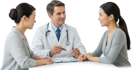 Doctor consulting with two female patients at a table discussing medical information isolate Consultation