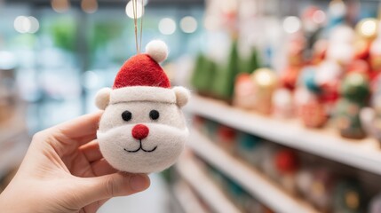 A person is holding a white Santa Claus ornament with a red hat and a red nose