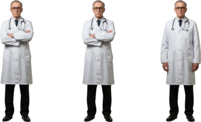 Three older Caucasian male doctors wearing white lab coats and stethoscopes with arms crossed isolated with