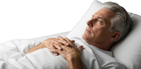 Senior man with gray hair lying in bed hands crossed over chest looking upwards isolate Elderly Bedroom
