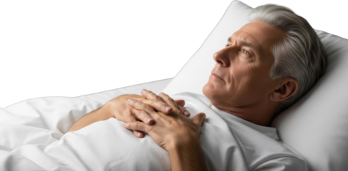 Senior man with gray hair lying in bed hands crossed over chest looking upwards isolate Elderly Bedroom