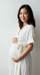 Pregnant Asian woman in white dress smiling against a plain white background.