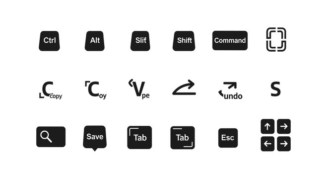 Keyboard shortcuts icons set with copy, paste, and navigation symbols in minimalist style