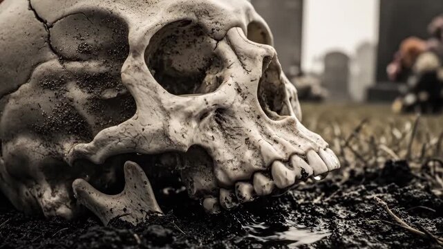 Close-up of a skull resting in the ground, symbolizing mortality and the inevitability of death