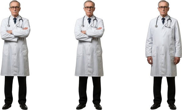 Three older Caucasian male doctors wearing white lab coats and stethoscopes with arms crossed isolated with