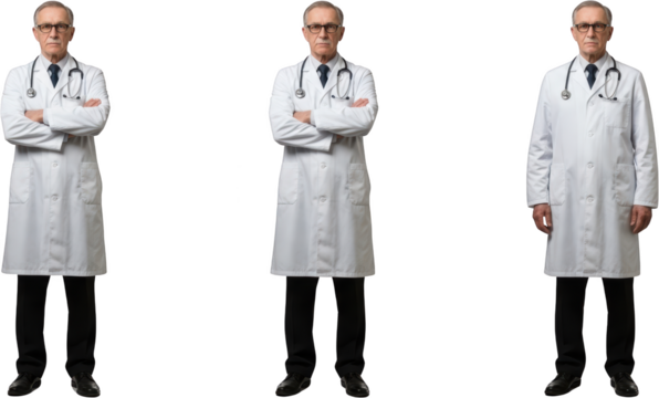 Three older Caucasian male doctors wearing white lab coats and stethoscopes with arms crossed isolated with