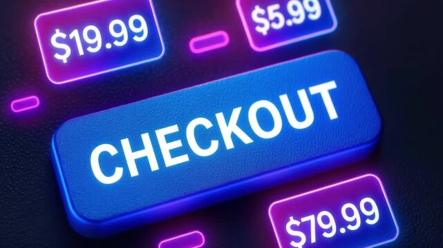 Checkout button with neon digital price tags glowing in online shopping interface, showcasing e commerce payment process and futuristic transaction design for digital shopping experience