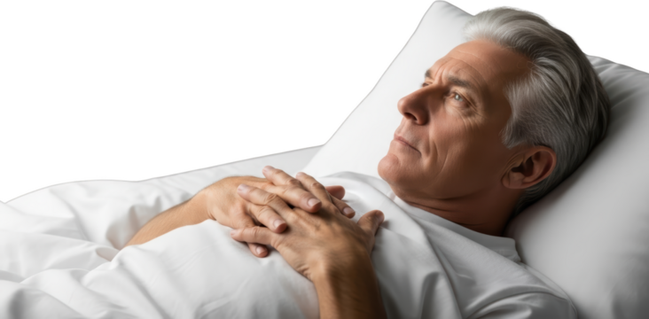 Senior man with gray hair lying in bed hands crossed over chest looking upwards isolate Elderly Bedroom