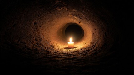 Naklejka premium A candle is lit in a dark cave