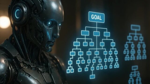 Futuristic robot with artificial intelligence analyzing digital flowchart and goal hierarchy chart featuring glowing blue interface, decision making process, technology innovation, and digital