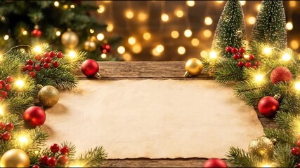 A beautifully composed festive background showcasing a blank, aged parchment scroll nestled on a rustic wooden table. The frame is adorned with lush evergreen branches, sparkling string lights that ca