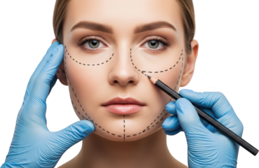 Surgeon marks woman's face with pencil for cosmetic procedure isolate surgery medical beauty enhancement