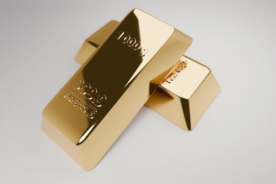 Close-up of two shiny, pure gold bullion bars (999.9 fine gold, 1000g) on a bright background. Represents luxury, wealth, financial security, and precious metal reserves.