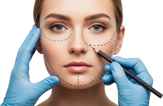 Surgeon marks woman's face with pencil for cosmetic procedure isolate surgery medical beauty enhancement - Powered by Adobe