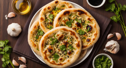 Overhead shot of freshly baked naan bread on a white plate with garlic and coriander