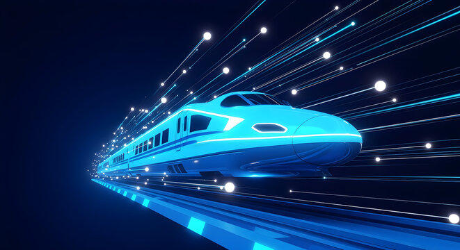 Futuristic high-speed blue train moving fast with motion blur and light trails