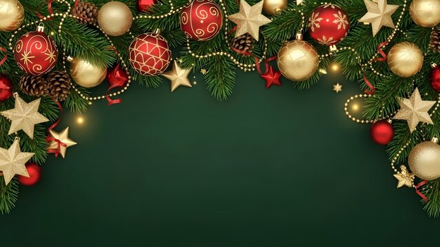 Festive Christmas Ornament: A captivating array of radiant Christmas decorations, shimmering with festive charm and allure, with golden stars and vibrant baubles nestled among the evergreen boughs.