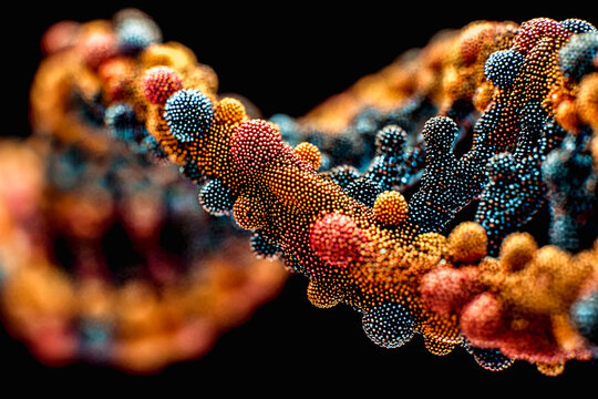Abstract DNA strand with colorful, textured spheres on a black background. This vibrant representation of a yellow blue DNA molecule strand is perfect for science, health, and technology concepts.