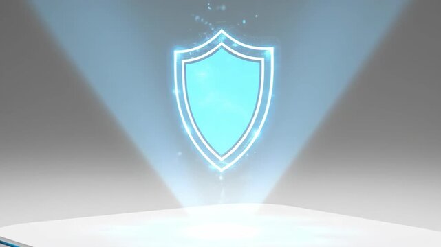 Holographic blue shield emerging over white cloud device. Digital security activation for 5g network protection and data encryption in technology animation. video footage video footage