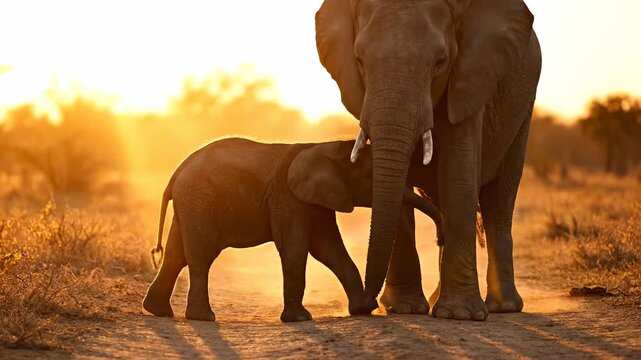 Under the golden sunlight, a baby elephant stands close to an adult elephant as the elephants share a tender moment. The elephants' ears and trunks are highlighted by the sunlight.
