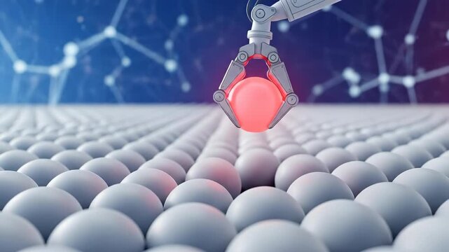 Robotic arm approaching and selecting glowing red sphere from white orb field. Futuristic nanotechnology process in networked environment. Cloud computing data extraction visualization for 5G