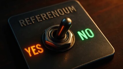 Referendum toggle switch with illuminated yes option and no option symbolizing decision making and voting process in political and social context highlighting choice in warm dark setting