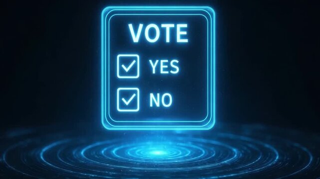 Futuristic digital voting concept with neon blue light glowing yes and no vote options on circular interface showcasing electronic ballot holographic display for decision making and choice selection