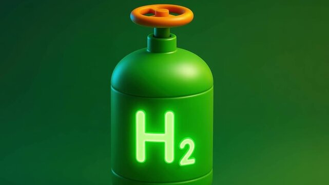 Hydrogen gas cylinder with green body and orange valve handle featuring glowing H2 symbol, representing clean energy fuel storage and sustainable energy technology in modern design concept
