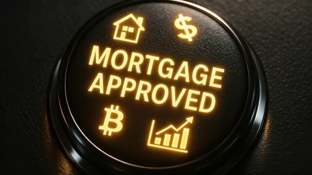 Mortgage approved button glowing with of house, dollar, cryptocurrency, and financial growth graph symbolizing loan approval and financial success in dynamic loan and mortgage growth environment