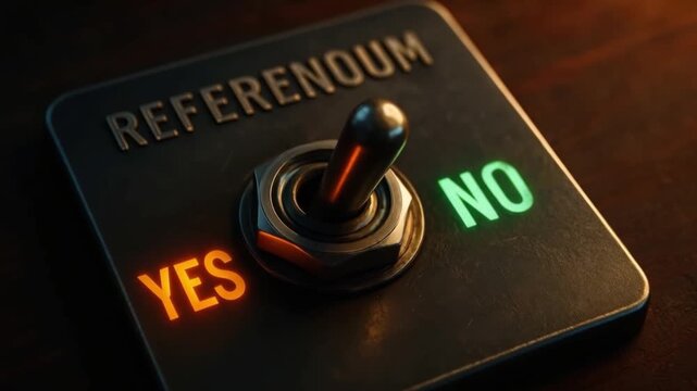 Referendum toggle switch with illuminated yes option and no option symbolizing decision making and voting process in political and social context highlighting choice in warm dark setting