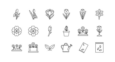 Minimalist spring garden icons: flowers, pots, and gardening tools