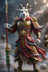 A wise anthropomorphic goat warrior dressed in intricately engraved red-and-gold celestial armor, calm yet powerful stance, Chinese mythological fantasy aesthetics, cinematic 3D rendering