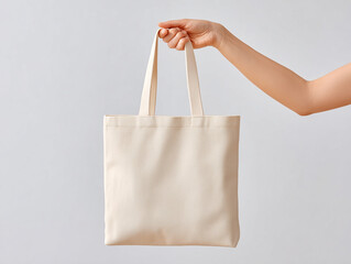 清潔感のある淡色トートバッグを持つ手デザインモックアップ用