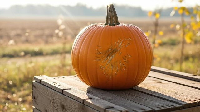 Carved pumpkin on wooden crate in autumn field. Orange vegetable with etched design amid yellow leaves and harvest landscape for seasonal decor. video footage video footage