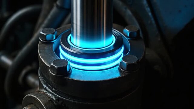 Glowing blue mechanical shaft seal with bolts on industrial metal machinery featuring rotating steel equipment parts and detailed futuristic engineering components in dark setting