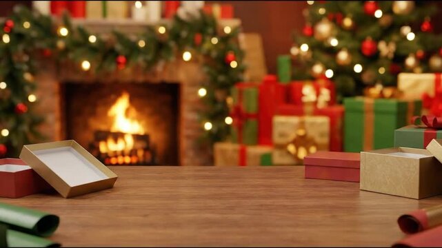 A beautifully decorated festive scene unfolds, offering a warm and inviting atmosphere perfect for holiday promotions. The foreground features a rustic wooden table with open gift boxes in gold and re