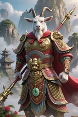 Fototapeta premium A wise anthropomorphic goat warrior dressed in intricately engraved red-and-gold celestial armor, calm yet powerful stance, Chinese mythological fantasy aesthetics, cinematic 3D rendering