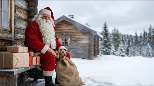 A benevolent figure in a traditional red and white winter suit, with a long white beard, sits on a rustic wooden bench outside a cozy log cabin in a snowy landscape. Surrounded by wrapped presents and
