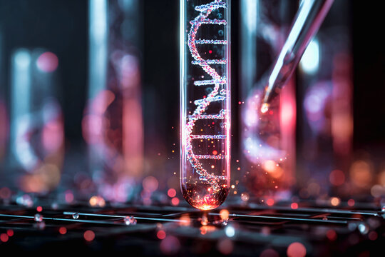 DNA strand in a test tube, science, medical research concept This image shows a DNA strand inside a test tube, representing scientific and medical advancements. Identification of DNA profiles in crime