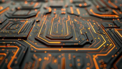 Digital Circuitry: A close-up perspective of a cutting-edge printed circuit board, illuminated with glowing orange pathways, symbolizing the complex network of modern technology.