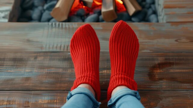 Cozy Comfort by the Fireplace: Captured from a low angle, this image depicts a person's feet clad in warm, red socks, relaxing in front of a crackling fireplace.