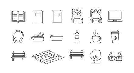 School and leisure icon set: linear design of backpacks, gadgets, and more