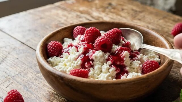 A captivating close-up presents a wholesome and refreshing breakfast or snack, artfully arranged on a rustic wooden surface. A textured wooden bowl holds a generous serving of creamy white cottage che
