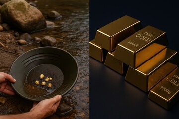 Exploration of the golden pursuit showcasing the art of panning for gold and the allure of bullion representing value energy and sentiment in a timeless treasure hunt