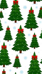 Cartoon-style repeating pattern of Christmas trees with red bows and snow
