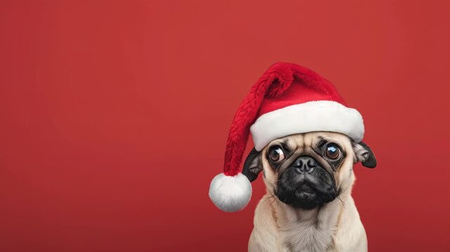 Festive Pug: A cute pug sporting a festive red Santa hat looks directly at the camera, exuding holiday cheer. The background provides a perfect backdrop.