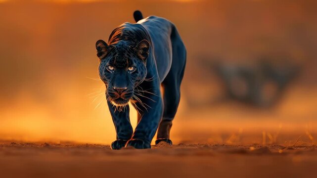 Shadow Hunter: A majestic black panther strides confidently towards the viewer, its sleek, ebony coat gleaming against a backdrop of sun-drenched earth, embodying power and grace.