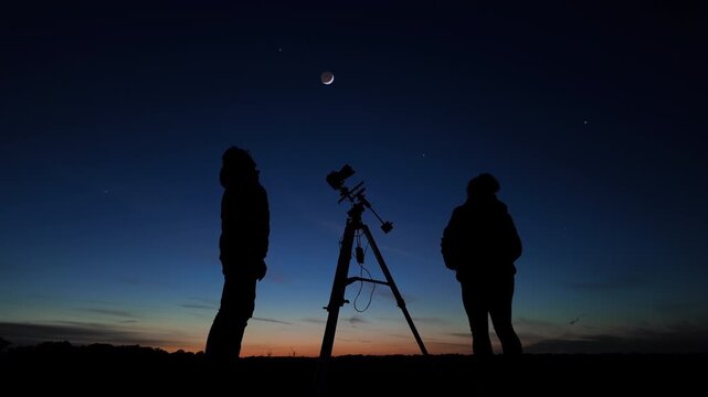 Amateur astro-photographers with a camera on a tripod photographing night sky with stars, planets, Moon and other celestial objects.